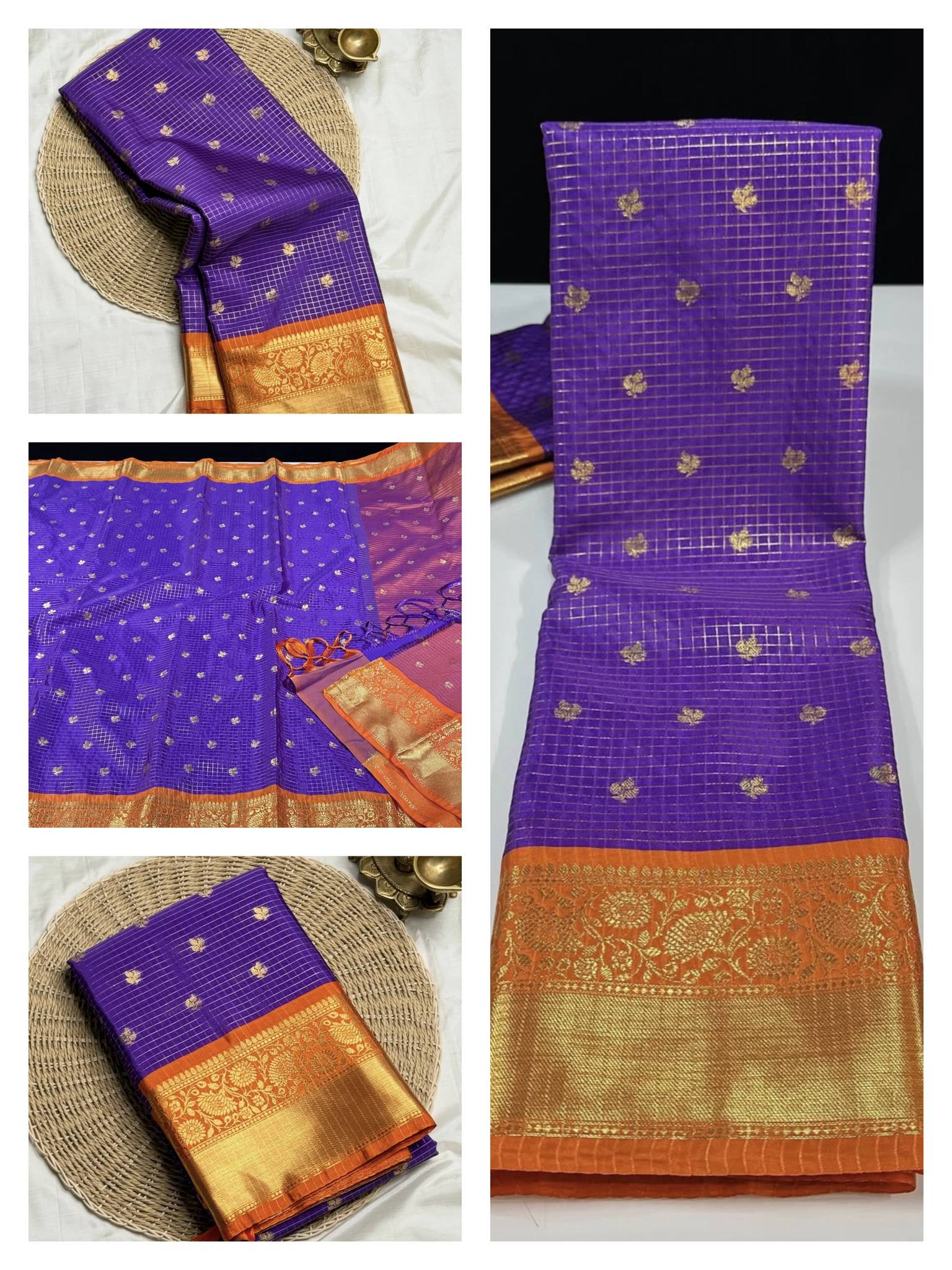 Checks Design Semi Kanchi Sarees Violet